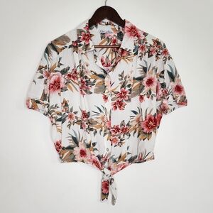 Dex Women's Aloha Tie Front Button-Up Short Sleeve Top Large Resortwear Cruise